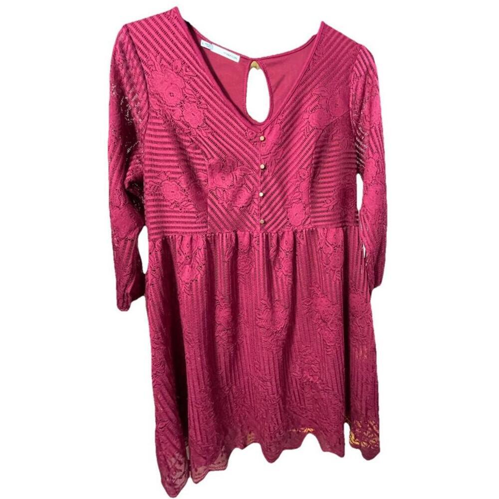 Maurices Burgundy Floral Lace Babydoll Dress Sheer Sleeve Sz Large